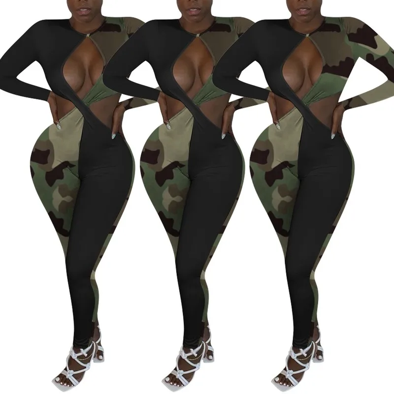 

Camouflage Print Hollow Out Sexy Bandage Bodycon Jumpsuit Women Jumpsuits Fashion Streetwear Stretchy Party Overalls Club Outfit