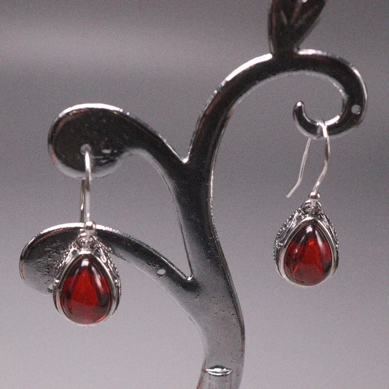 

New Arrival S925 Sterling Silver Earrings Women Luck Garnet Drop Dangle Earrings 24x10mm