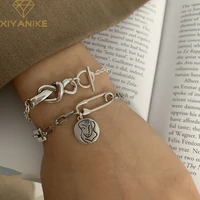 xiyanikesilver color thick chain bracelet for women vintage trendy bow knot circle tag thai silver jewelry party gifts