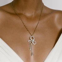 2022 elegant rhinestone bow knot pendant necklace jewelry for women luxury crystal super long clavicle chain choker necklace