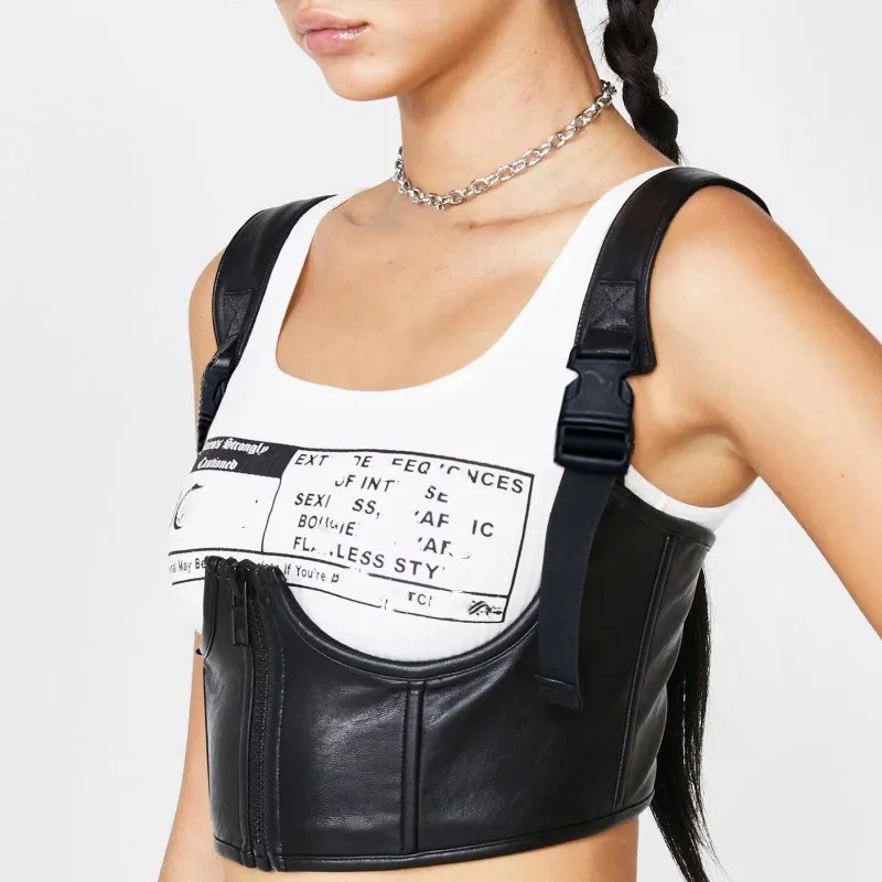 Женский Регулируемый укороченный топ из искусственной кожи с глубоким v-образным