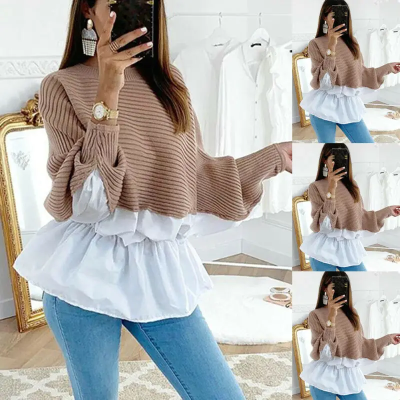 Женский джемпер с длинным рукавом белый пуловер в рубчик круглым вырезом и