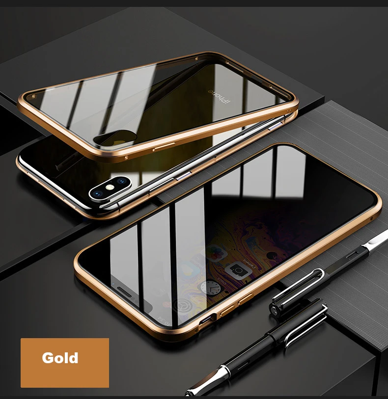 Золотой Двойное магнитное закаленное стекло чехол для телефона для iPhone 6S 7 8 Plus XR XS 11 Pro MAX Магнитный антишпионский защитный чехол для телефона - Цвет: Золотой
