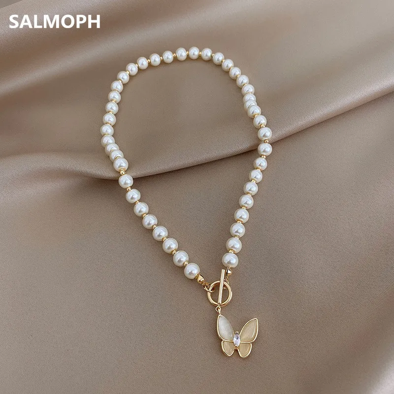 

Korea Elegant Pearl Necklace Butterfly Pendant Choker Women Contracted Temperament OT Buckle Collarbone Chain Wedding Jewelry