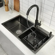 304 Stainless Steel Double Bowl Kitchen Sink with Faucet Topmount or Undermount Basin Dark-Gray Vegetable Washing Basin Sink