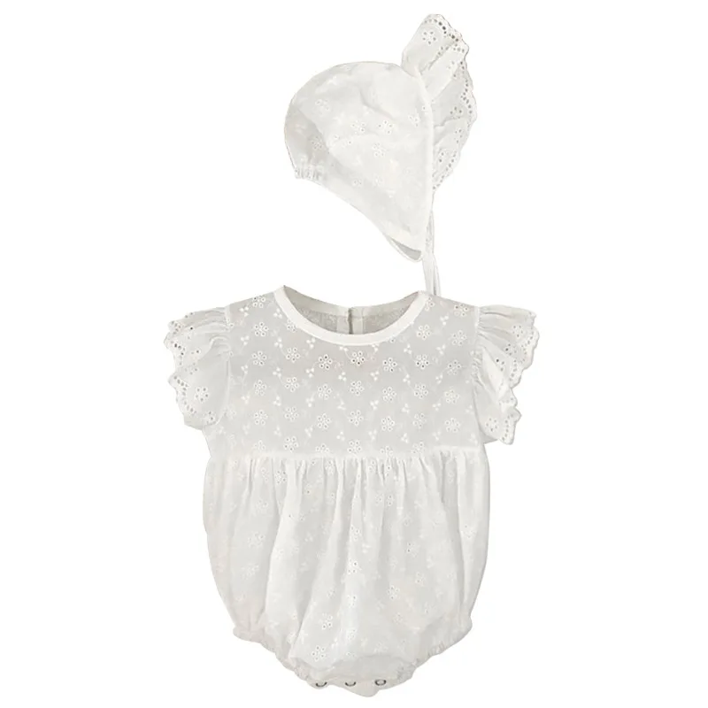 

Newborn Baby Girl Lace Fashion Short Sleeve Bodysuit Toddler Girls Hollow Flower Edge Sleeve Bodysuits With Solid Hat