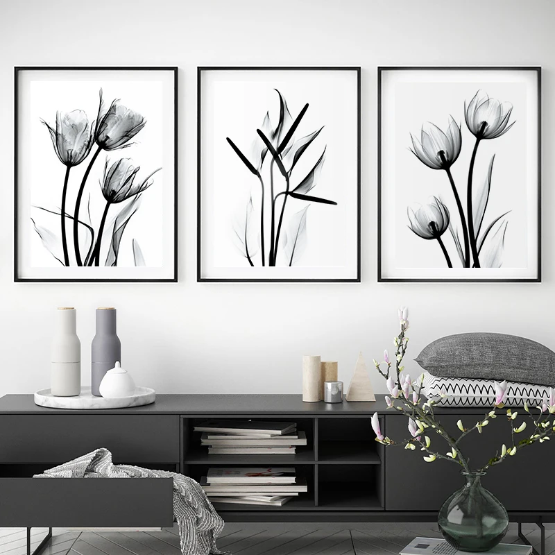 

Black and White Transparent Floral Poster Tulip Lily Canvas Painting Print Wall Art Pictures for Living Room Simple Home Decor