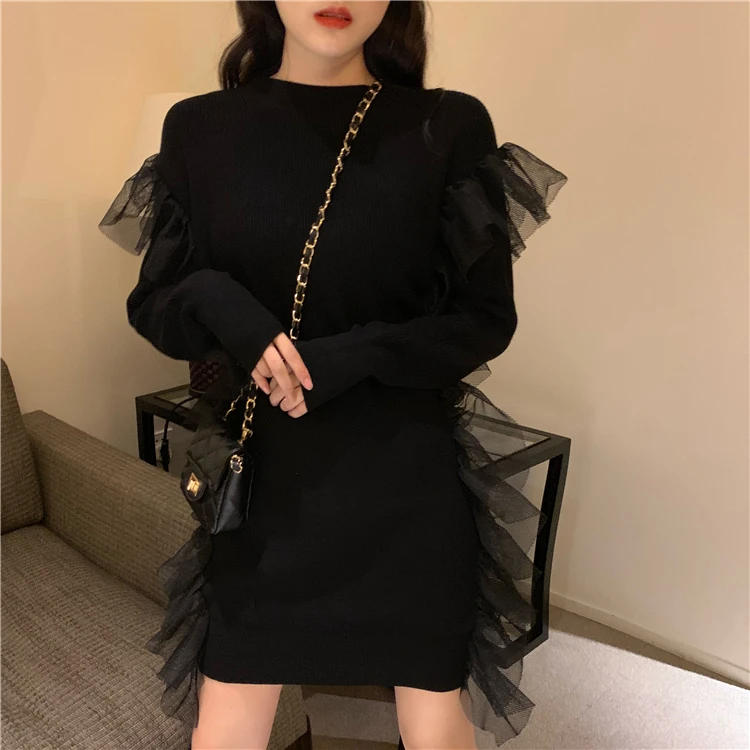 Новое модное женское повседневное свободное шерстяное вязаное платье с длинным