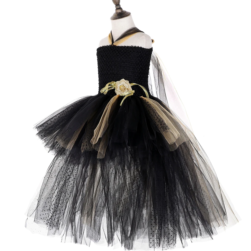 Gold &amp Black Girls Tutu Dress with Train Princess Flower Girl Tulle Kids Wedding Evening Birthday Party Dresses Ball Gown | Детская