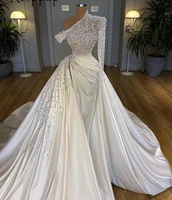 2021 luxury pearls wedding dresses off the shoulder one sleeve african women ivory satin bridal gowns handmade