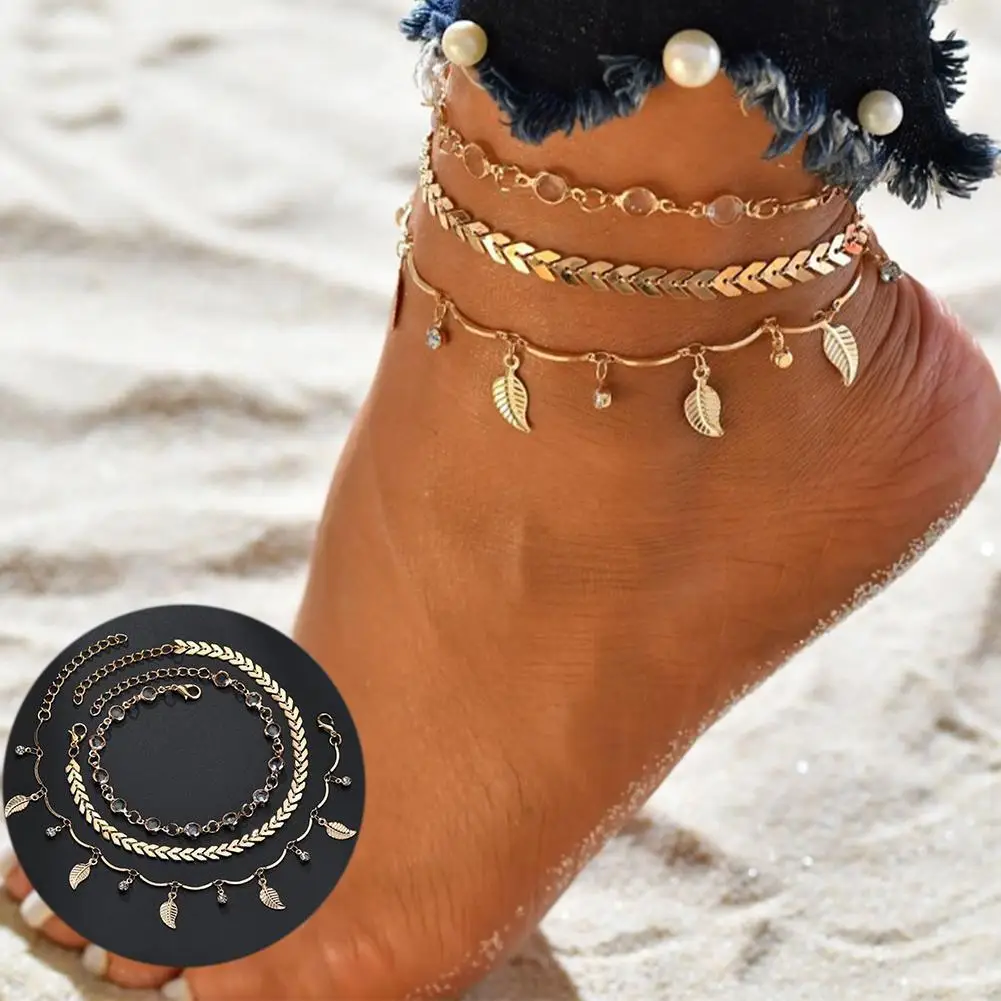 

Summer Bohemian Beach Crystal Beads Hollow Leaves Pendant Anklet 3Pcs/Set Multi-layer Foot Chain Women Fashion Body Jewelry Gift