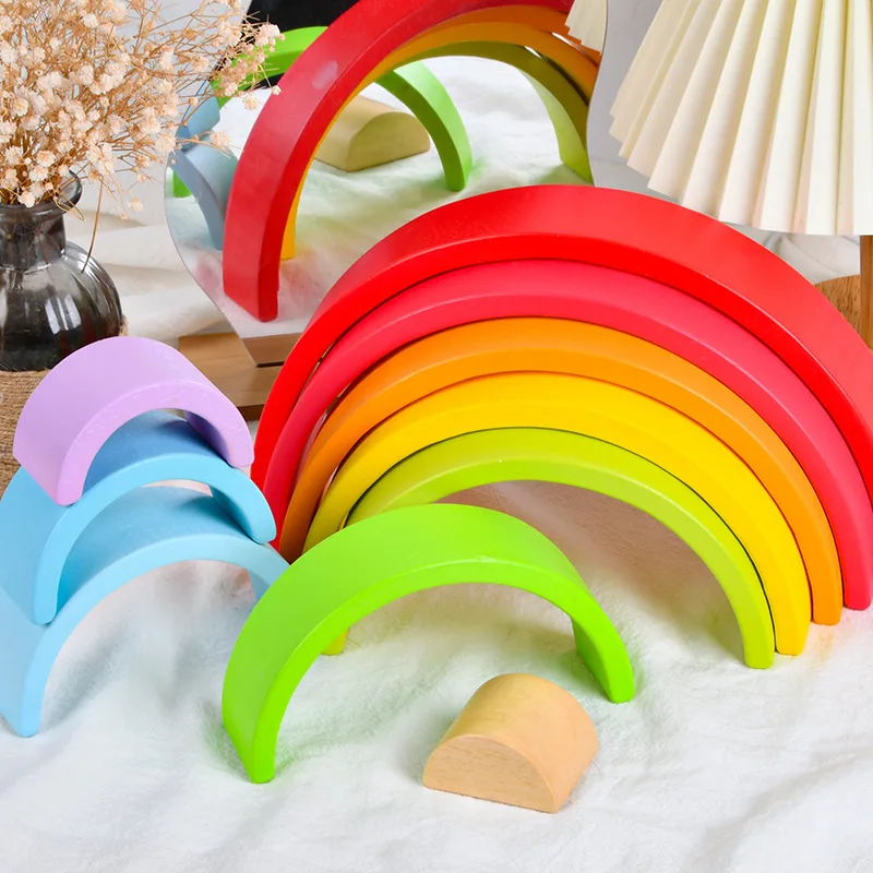 

Rainbow arched wooden building blocks villain combination children's educational colorful semicircular building blocks Jenga toy