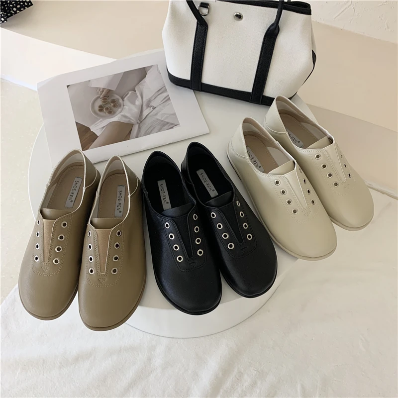 

Винтажные кожаные туфли, женские туфли на низком каблуке, модные однотонные неглубокие туфли-лодочки с круглым носком, женские осенние туфл...