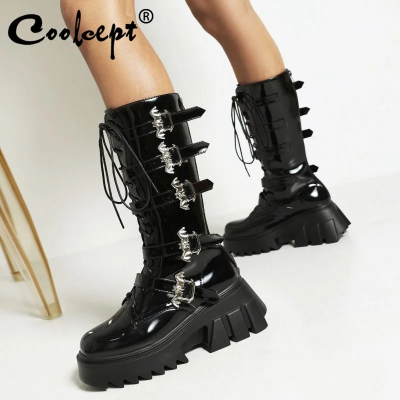 

Coolcept 2022 Women Mid Calf Boots Shoes Chunky Ins Fashion Winter Long Boot Daily Office Lady Female Footwear Size 35-43