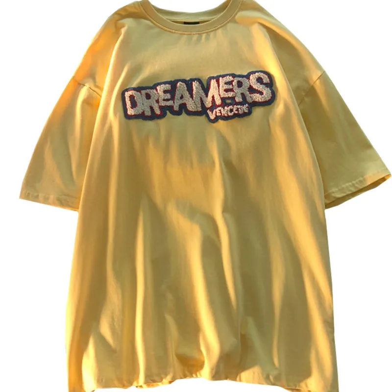 

ZuoLunOuBa Summer Harajuku Fashion Women T Shirt Embroidered Letters Dreamers Yellow Lady Tees Casual Loose O-neck Tops Female