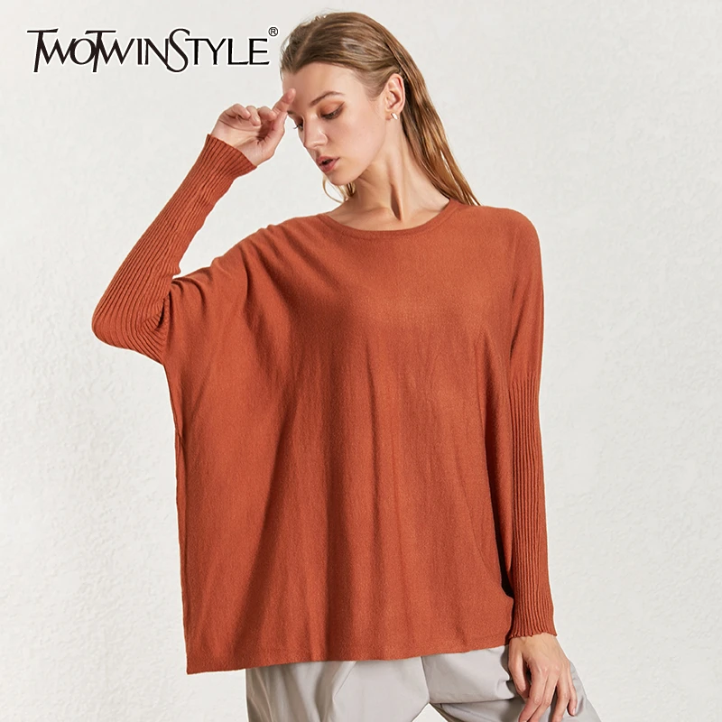 TWOTWINSTYLE женский свитер с рукавом летучая мышь Длинный пуловер круглым вырезом