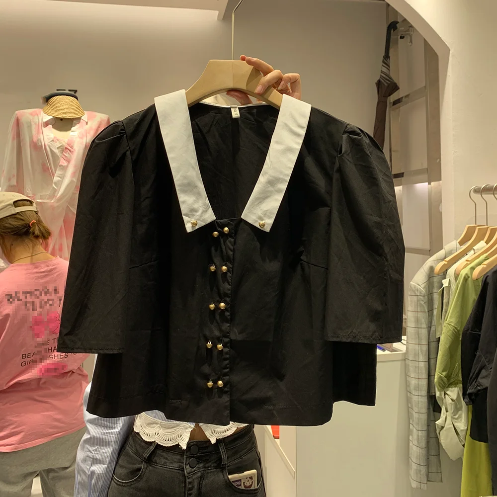 

2021 Summer New Lapel Puff Sleeve Slim Temperament Short Sleeve Top Women All-match Korean Women