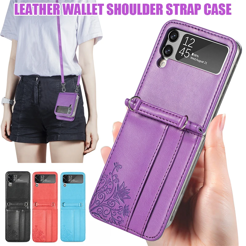 

1pc Leather Wallet Shoulder Strap Case Cover For Samsung PC Anti-Knock Phone Case With Phone Strap Card Slot Protective Cover