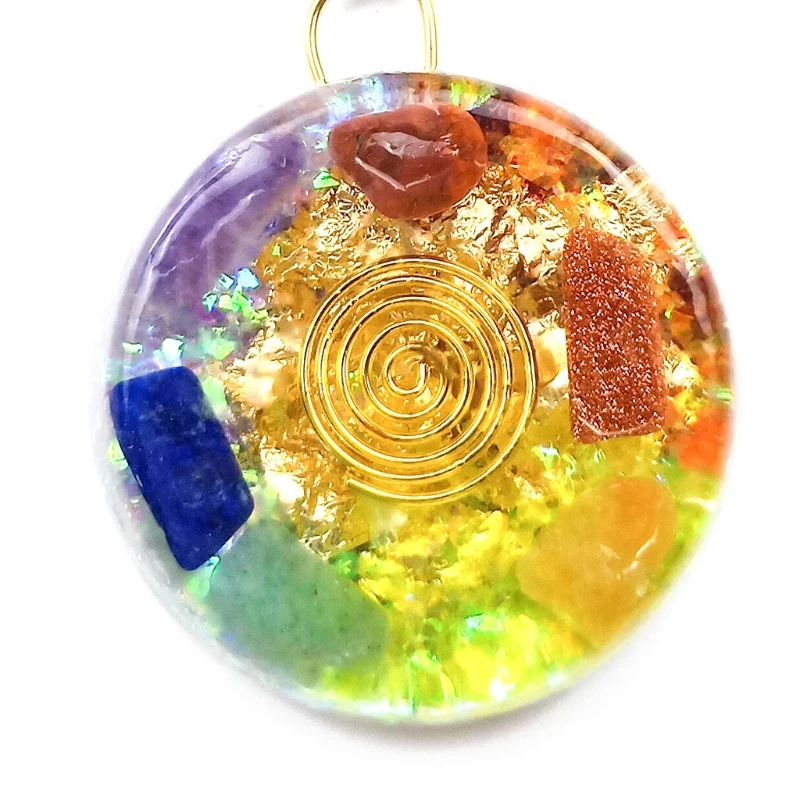 

7 Chakras Round Crystal Stones Orgone Pendant Generator Energy Accumulator Orgonite Hex Chakra Pendant Necklace Unisex