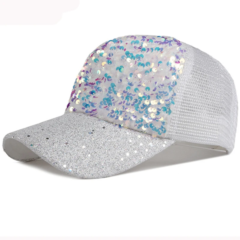 HT3153 Baseball Cap Women Sequin Baseball Hat Ladies Adjustable Snapback Trucker Mesh Cap Female Breathable Shiny Summer Sun Hat