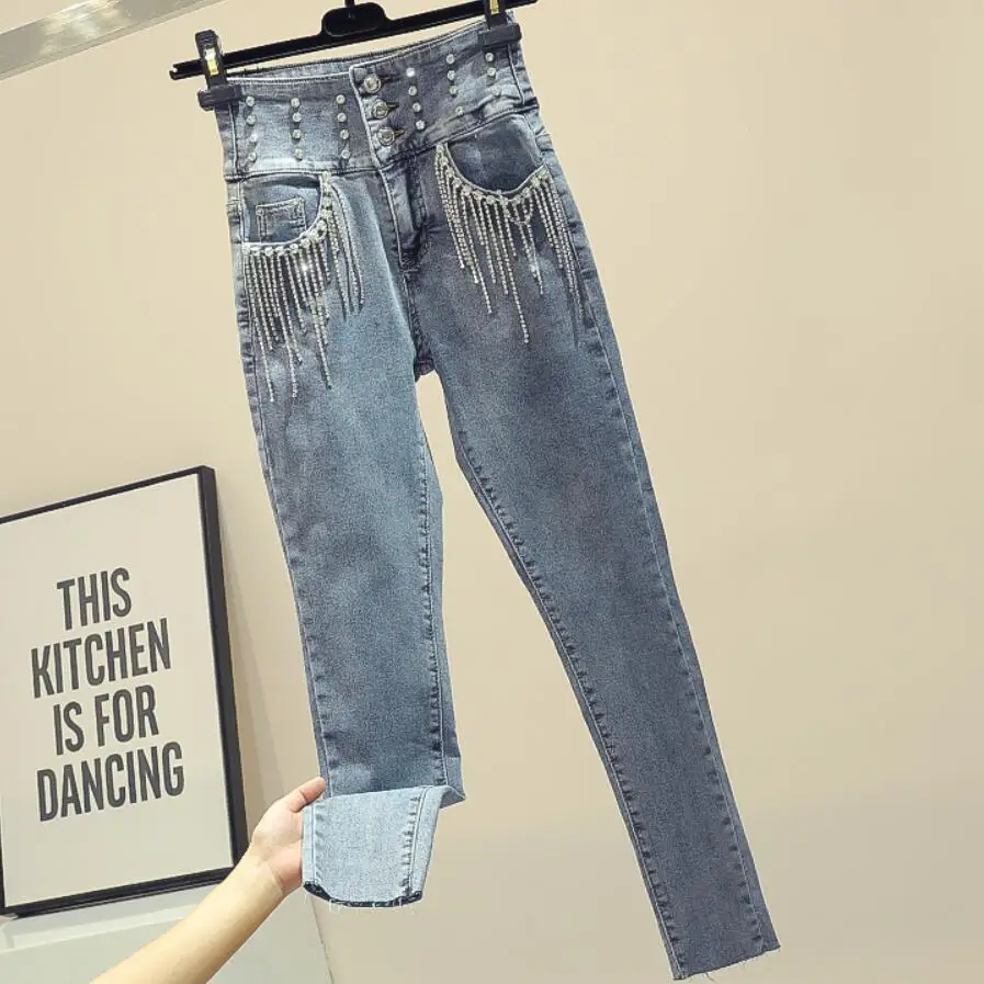 Женские джинсы с кисточками и бриллиантами узкие эластичные карандаш высокой