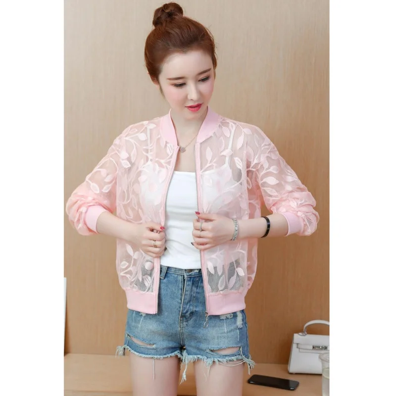 

See Through 2021 Summer Women Fashion Floral Print Stylish Thin Jacket Zipper Spring Outwear Coat Lace Mesh Streetwear
