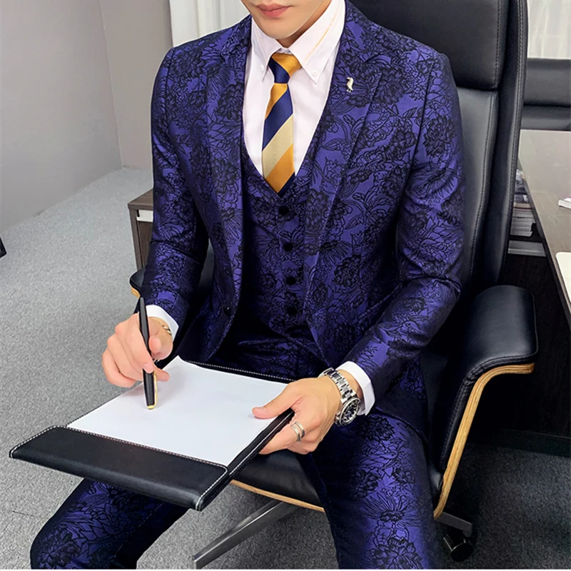 

Floral Jacquard Suit For Men Slim Fit Brown Burgundy Navy Blue Wedding Men Suits Three Piece DJ Party Prom Stage Costume Q882