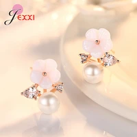 sweet ol ear decoration earring solid 925 sterling silver s925 pendientes jewelry round white pearlseashell plum blossom