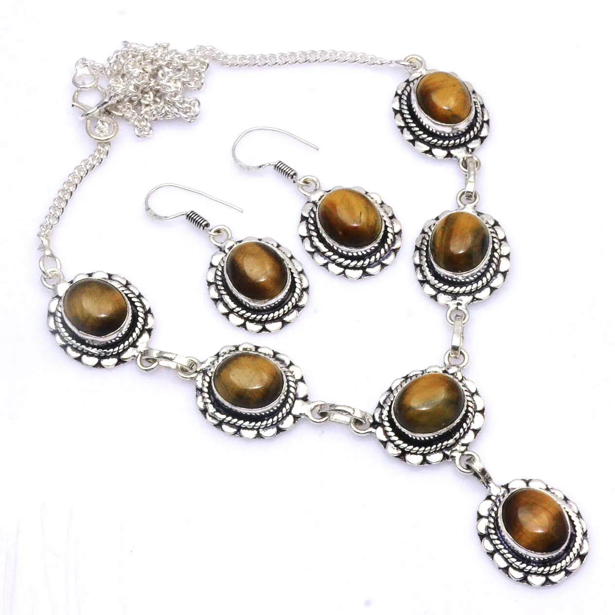 

Genuine Tiger Eye Necklace Earing Silver Overlay over Copper , 49 cm, N4557