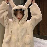 kawaii lolita teddy coat girl winter cute moving bunny ears plush hooded zip up jacket women soft girl plus thick furry outer
