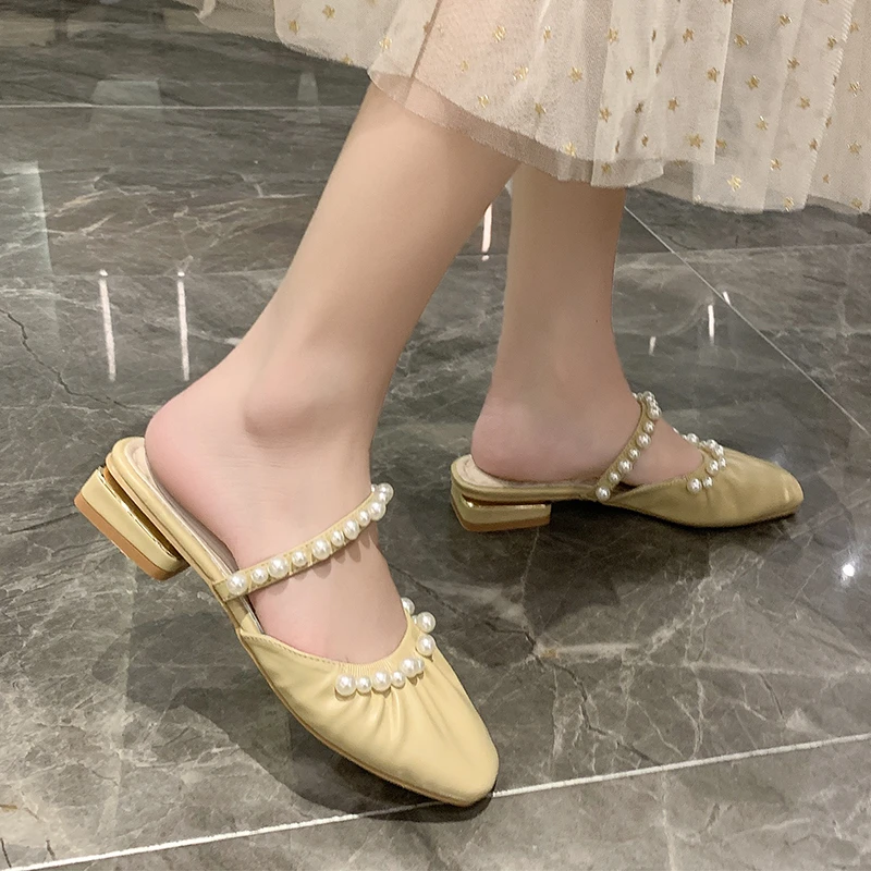 

Casual New Baotou Women's Slippers Pure Color All-match Fashion Outer Wear Elegant Pearl Embellished Sweet Beauty Slippers 2021