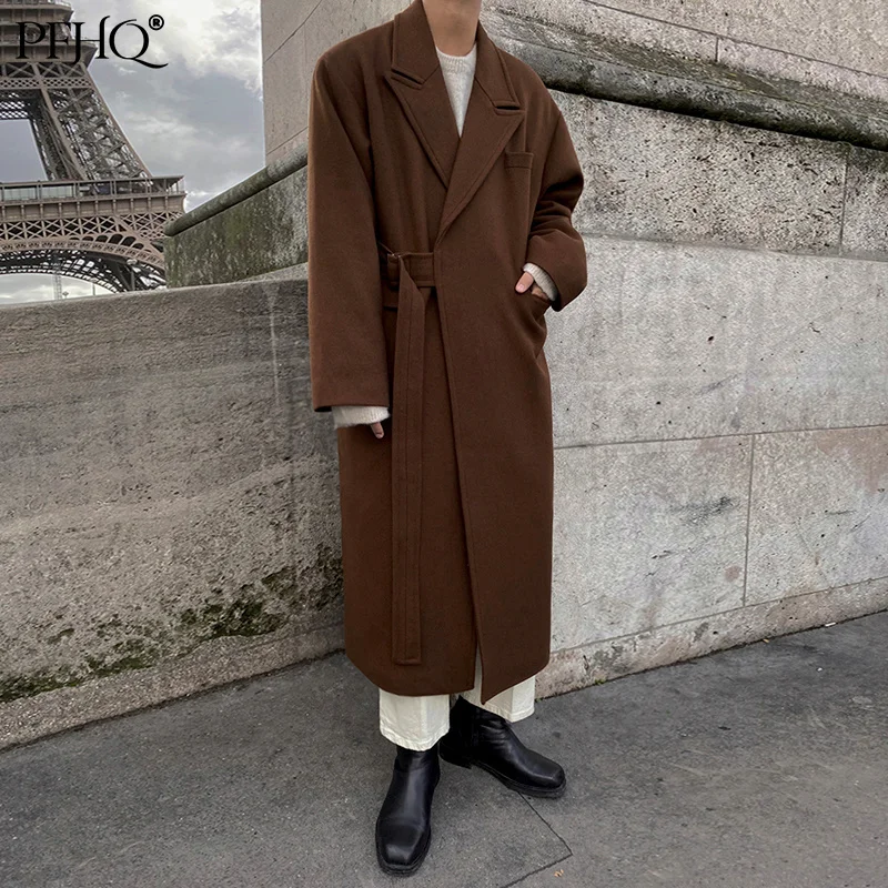 

PFHQ Men Woolen Mixtures Coat Autumn Winter Mid Long Thickened Korean Trend Loose Overcoat Male 2021 New Bandage Waist 21D2050