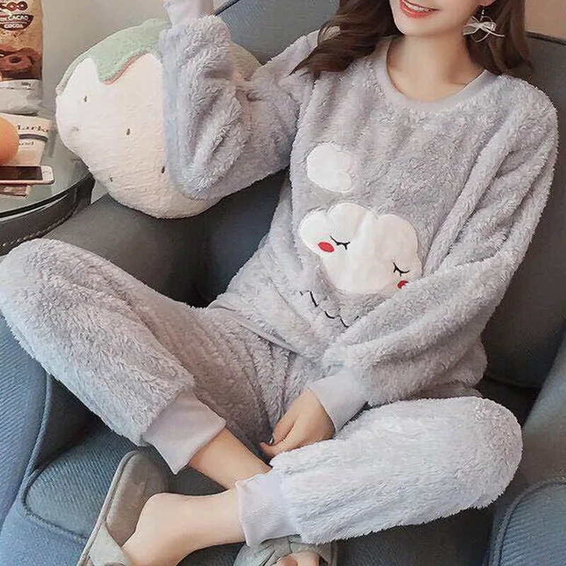 

Pajamas Women Winter Flannel Long-sleeved Thickening Plus Velvet Coral Fleece Cute Autumn And Winter Home Service Suit Women