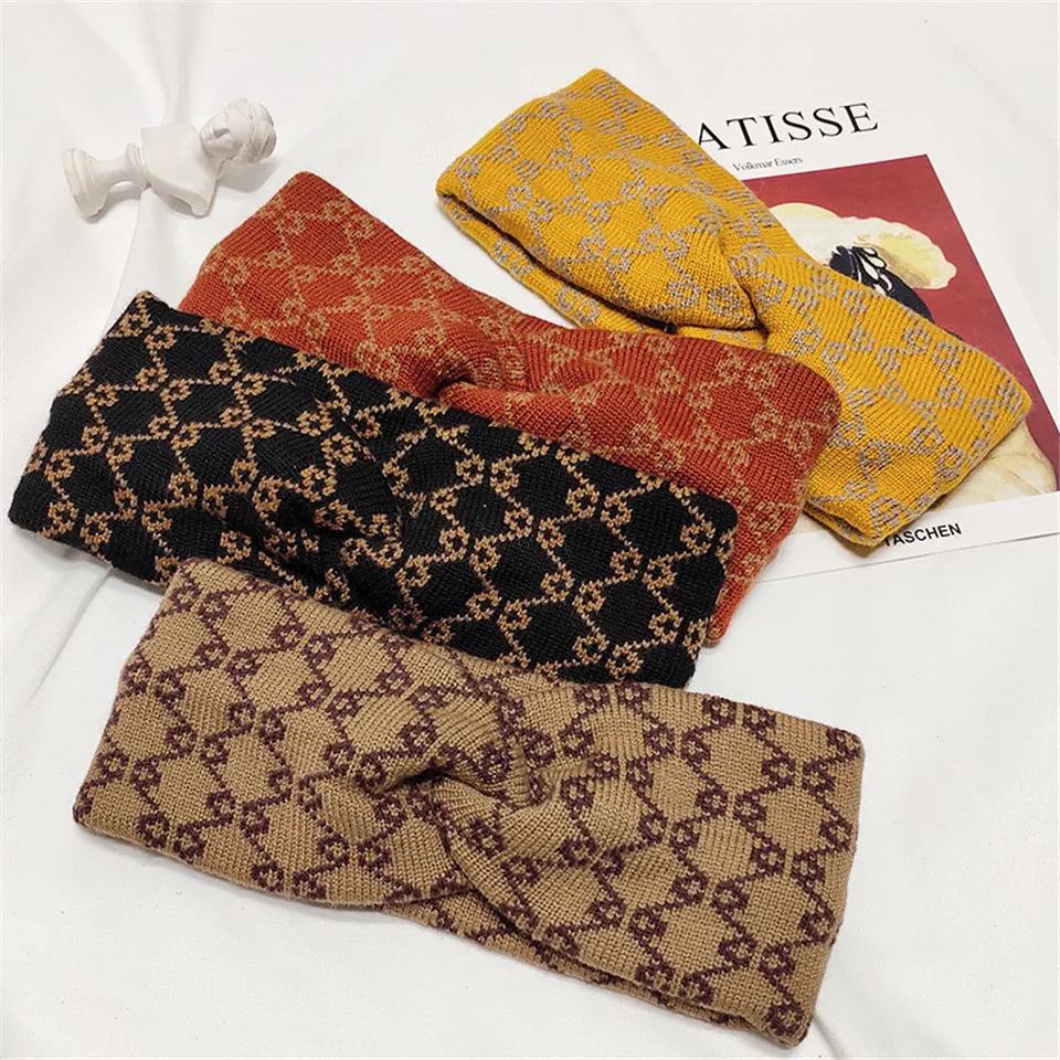 

Winter Thick Warm Letter Hairband For Women Wide Handmade Elastic Headband Needle Cross Knot Vintage Soft Turban Girls Headwear