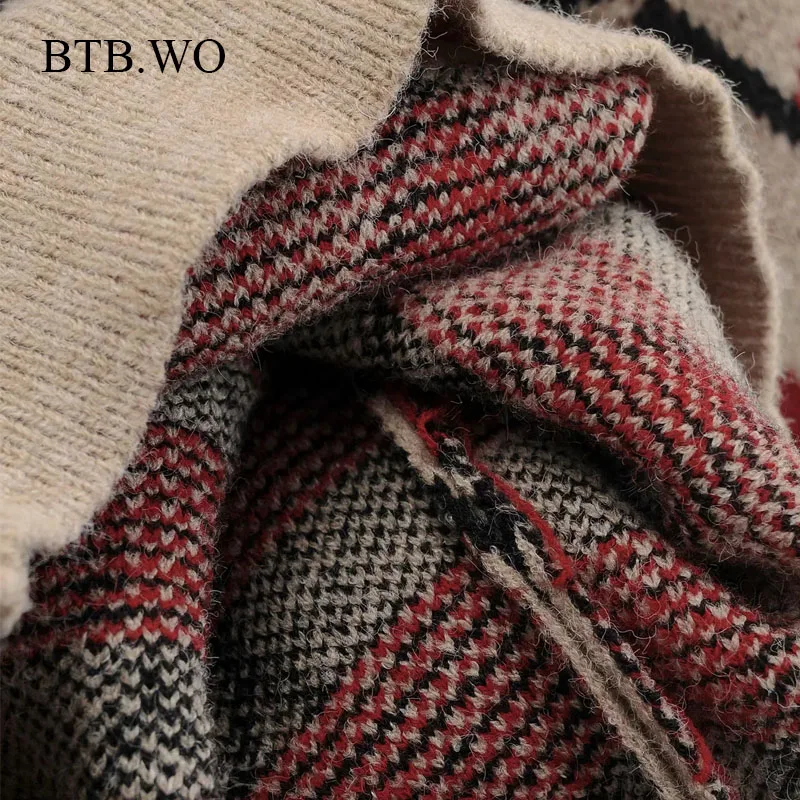 

BTB.WO women fashion vintage Jacquard Cropped Knitted Sweater O Neck Long Sleeve femme autumn pullovers chic tops