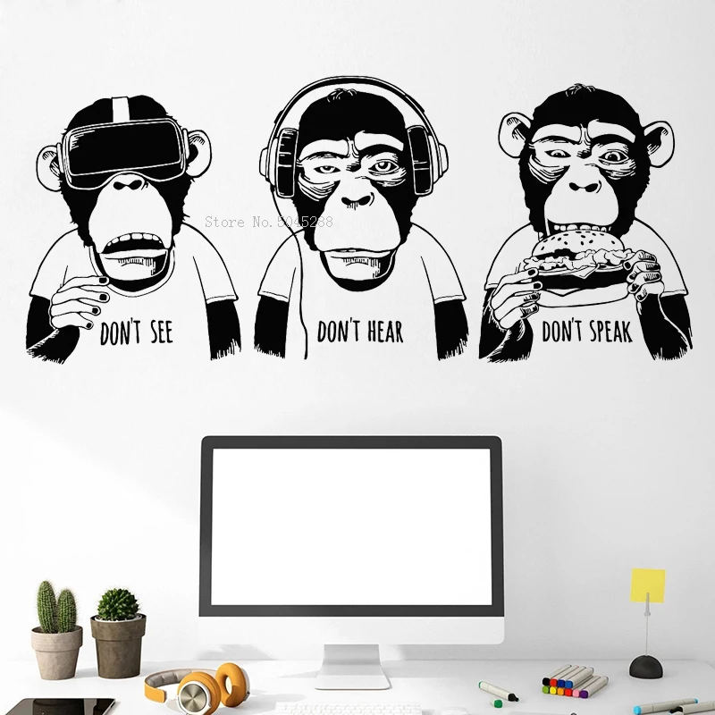 Виниловая наклейка на стену Три обезьяны Съемные Наклейки подростковую комнату