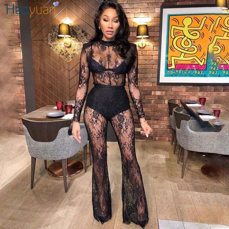 

HAOYUAN Black Lace Sheer Long Sleeve Bodycon Jumpsuit for Women Rompers Mesh See Through Flare Pants Sexy Club One Peice Outfit