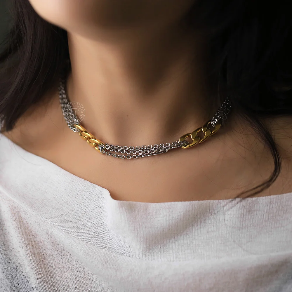 Женское и мужское колье из нержавеющей стали золотого цвета с кубинской цепочкой