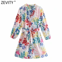 zevity new women sweet floral print dots poplin shirt dress female chic puff sleeve bow sashes casual slim kimono vestido ds8870