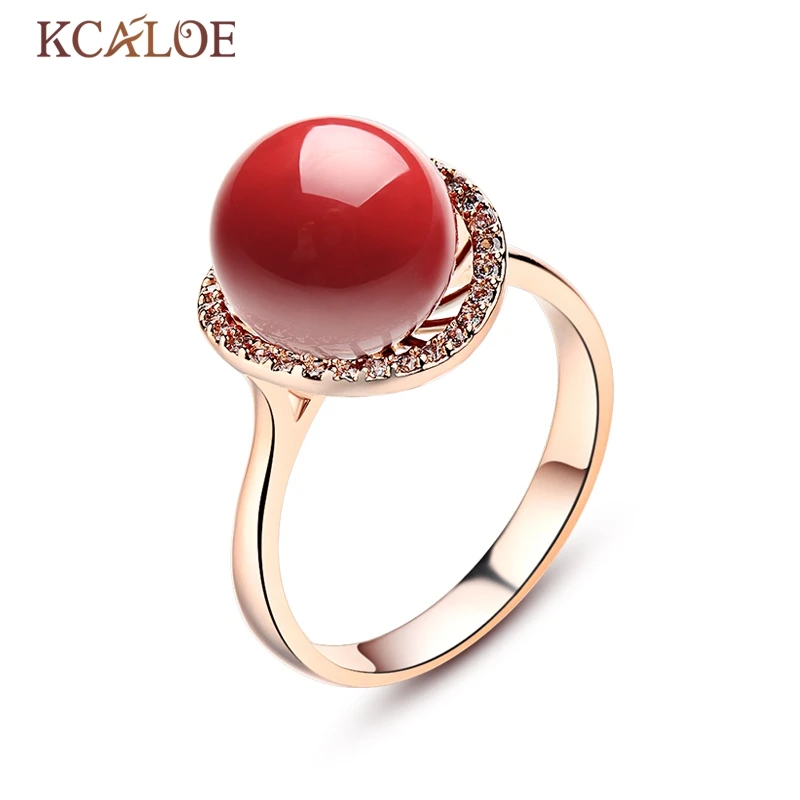 KCALOE большой круглый красный Искусственный коралловый камень розовое золото цвет кубического циркония Обручальные кольца для женщин Anillos Rubi Mujer