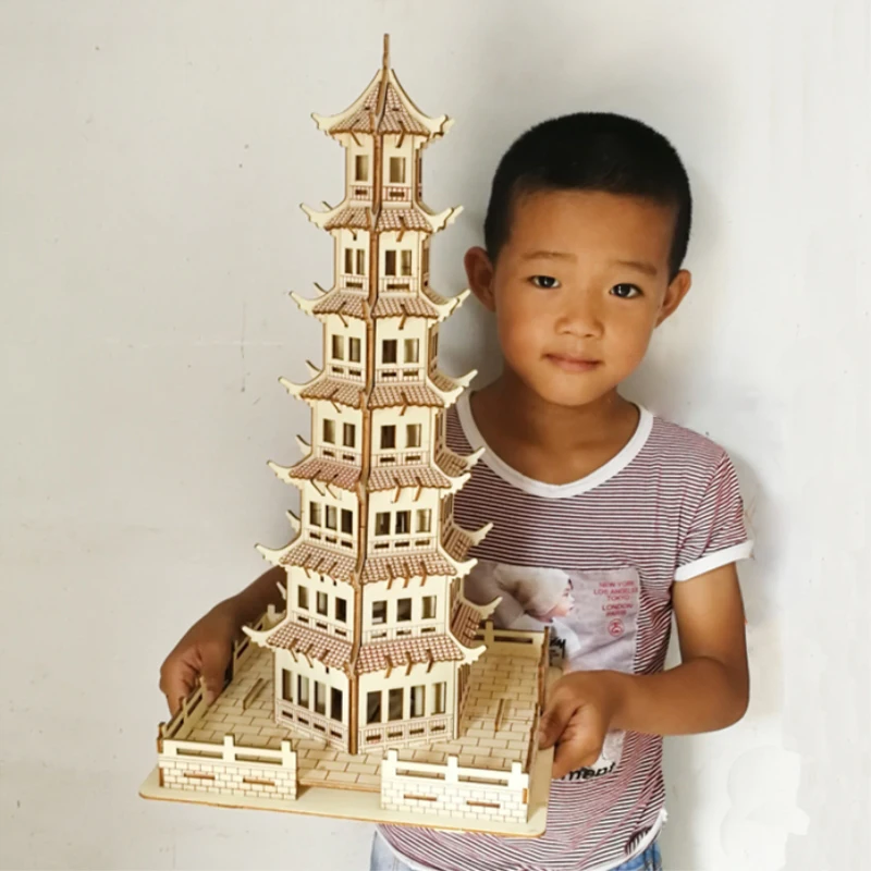 wooden toy 3D building model puzzle hand work assemble game woodcraft construction kit Chinese ancient leifeng tower pavilion 1p | Игрушки и