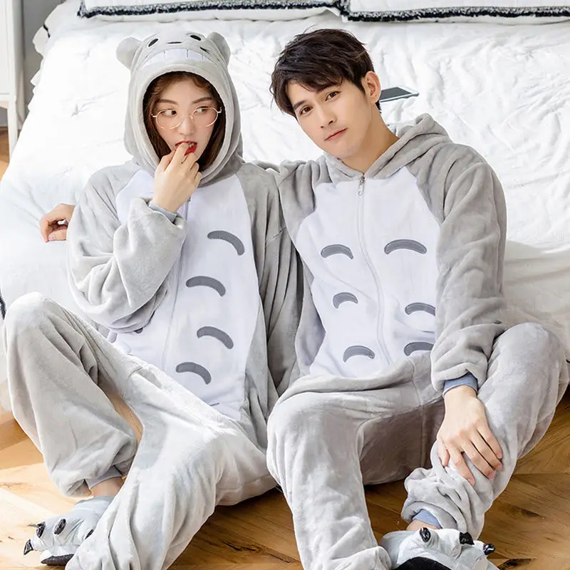 Unisex Adult Cartoon Costume Halloween Onesies Plush Cosplay Animal Totoro Pajamas Sets Winter Warm Soft Sleepwear One Piece