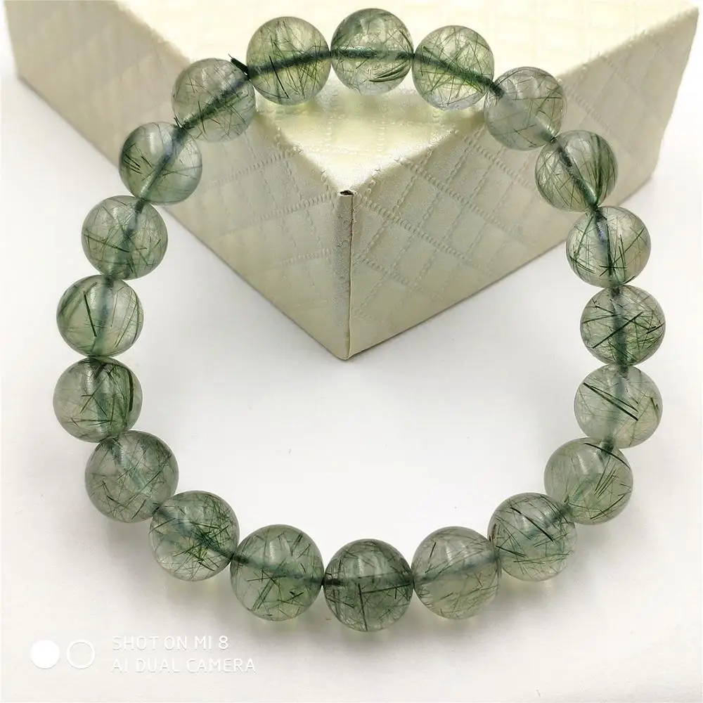 10 мм натуральный камень зеленый волос Rutilated Кварц Crsytal браслет для женщин мужчин