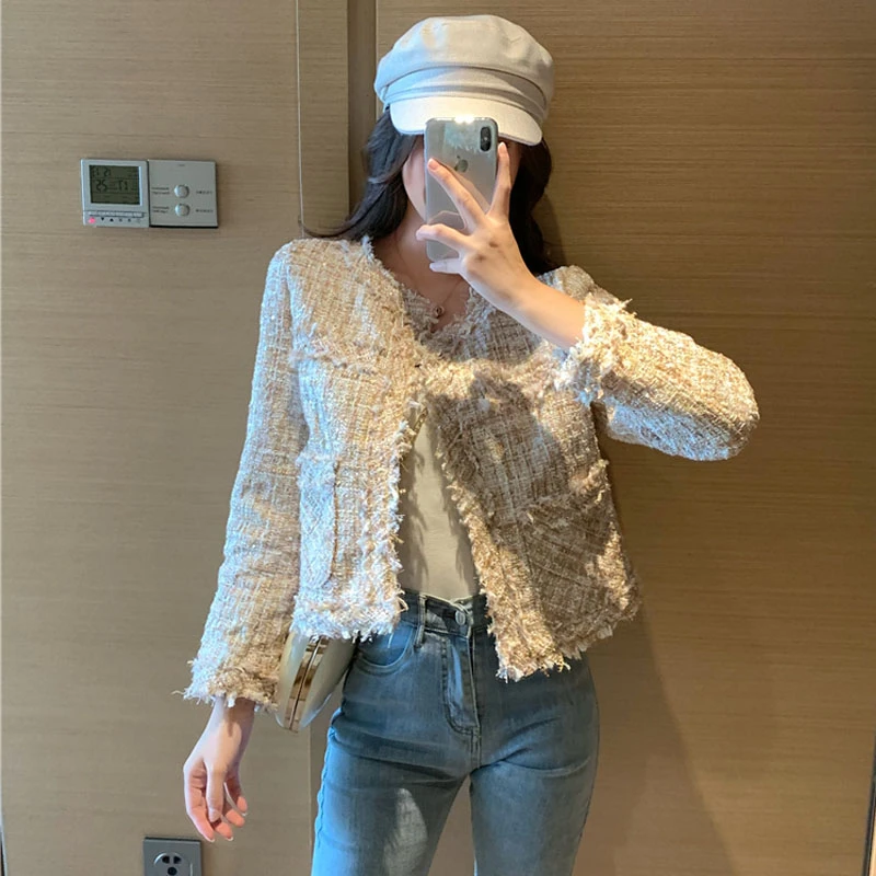 Маленький аромат винтажное твидовое короткое пальто женская Корейская Новинка