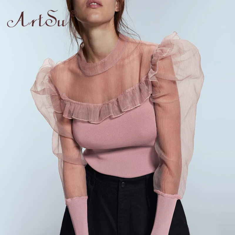 ArtSu 2019 Элегантный женский розовый укороченный топ из кусков прозрачные сетчатые
