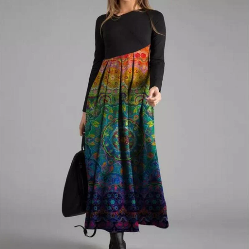 

Fashion Floral Print Patchwork Dress Plus Size Women Casual Long Sleeve Midi O Neck Ladies Maxi Elegant Boho Dresses