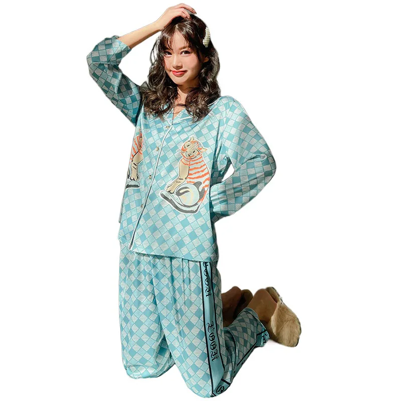 

Ladies Pajamas Spring Long-Sleeved Trousers Tracksuit Checkered Little Tiger Fashion Suit