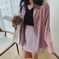 2021 womens simple silky purple satin shirt blouse za woman top clothes long sleeve korean cardigan dress spring tunics office