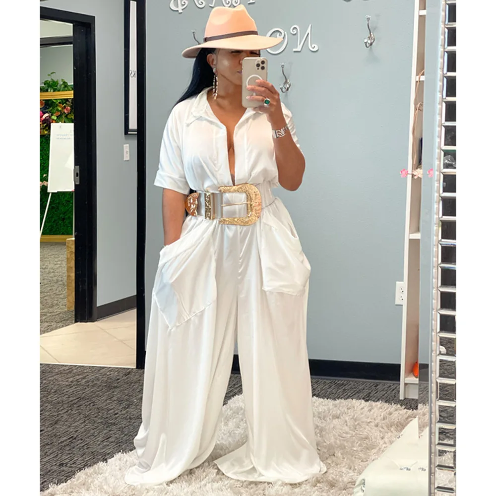 

Echoine New Design White Loose Casual Jumpsuit Wide Leg Pants with Pocket Playsuit Women Ladies Elegant OL Office Ladies Overall
