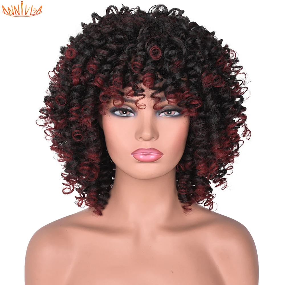 

Short Synthetic Wig Afro Kinky Curly Wigs With Bangs For Black Women Ombre Brown Glueless Natural High Temperature Hair Annivia